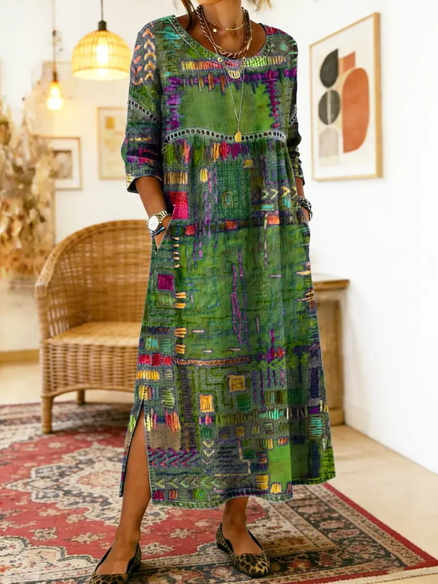 Emmanuelle | Robe en jean avec patchwork ethnique
