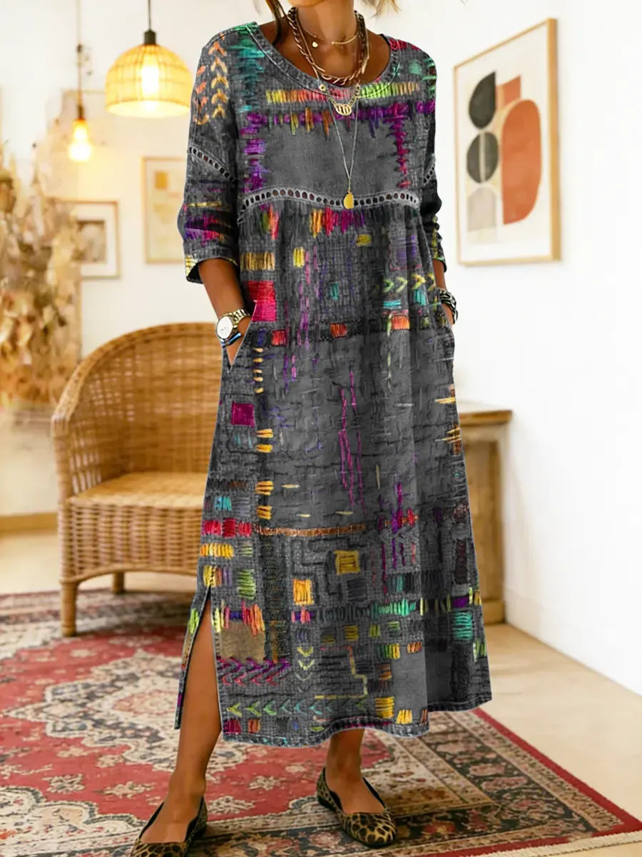 Emmanuelle | Robe en jean avec patchwork ethnique