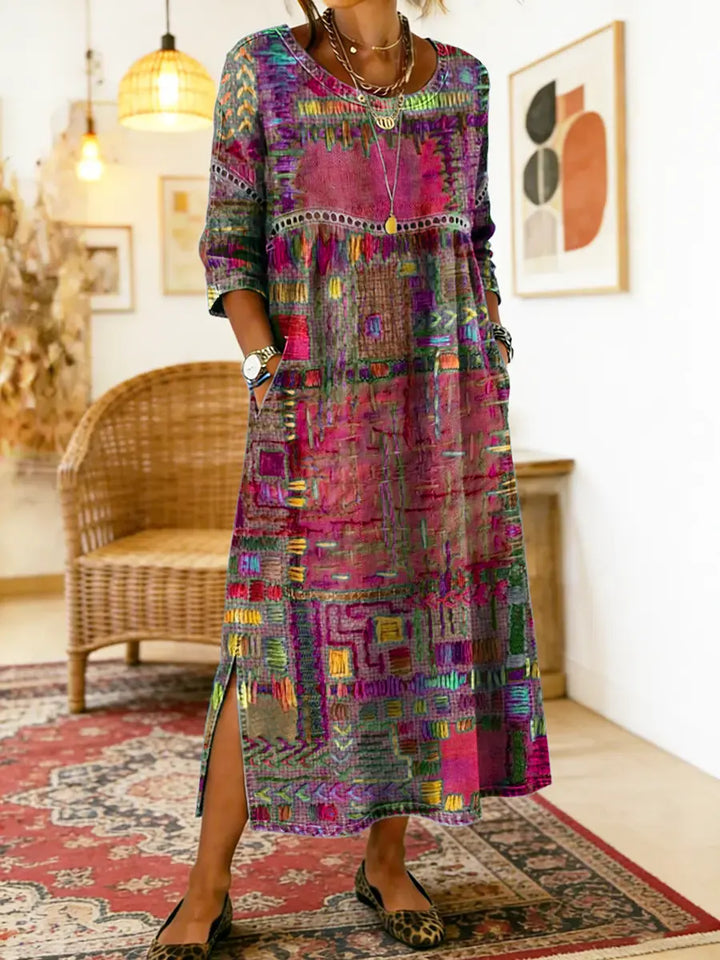 Emmanuelle | Robe en jean avec patchwork ethnique