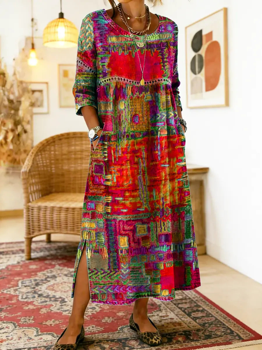Emmanuelle | Robe en jean avec patchwork ethnique