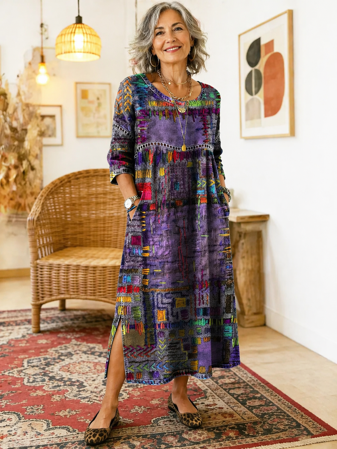 Emmanuelle | Robe en jean avec patchwork ethnique