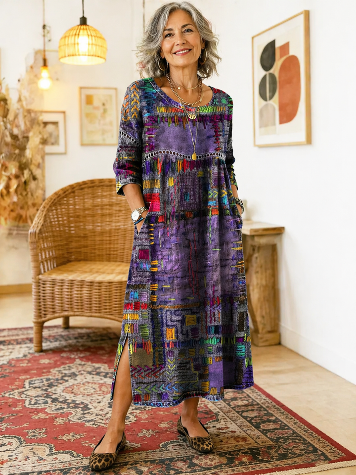 Emmanuelle | Robe en jean avec patchwork ethnique