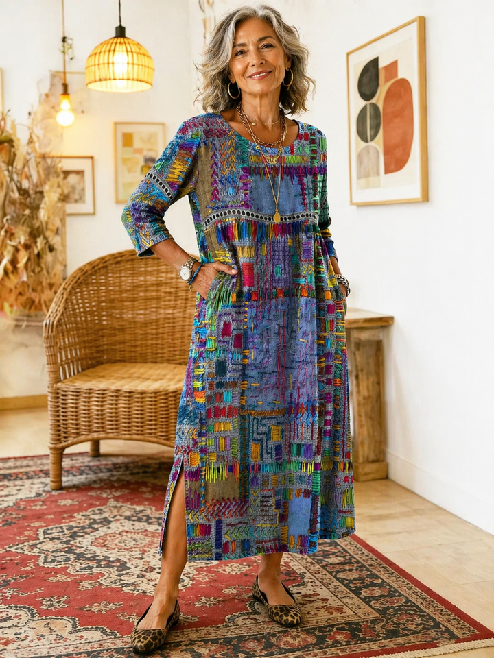 Emmanuelle | Robe en jean avec patchwork ethnique