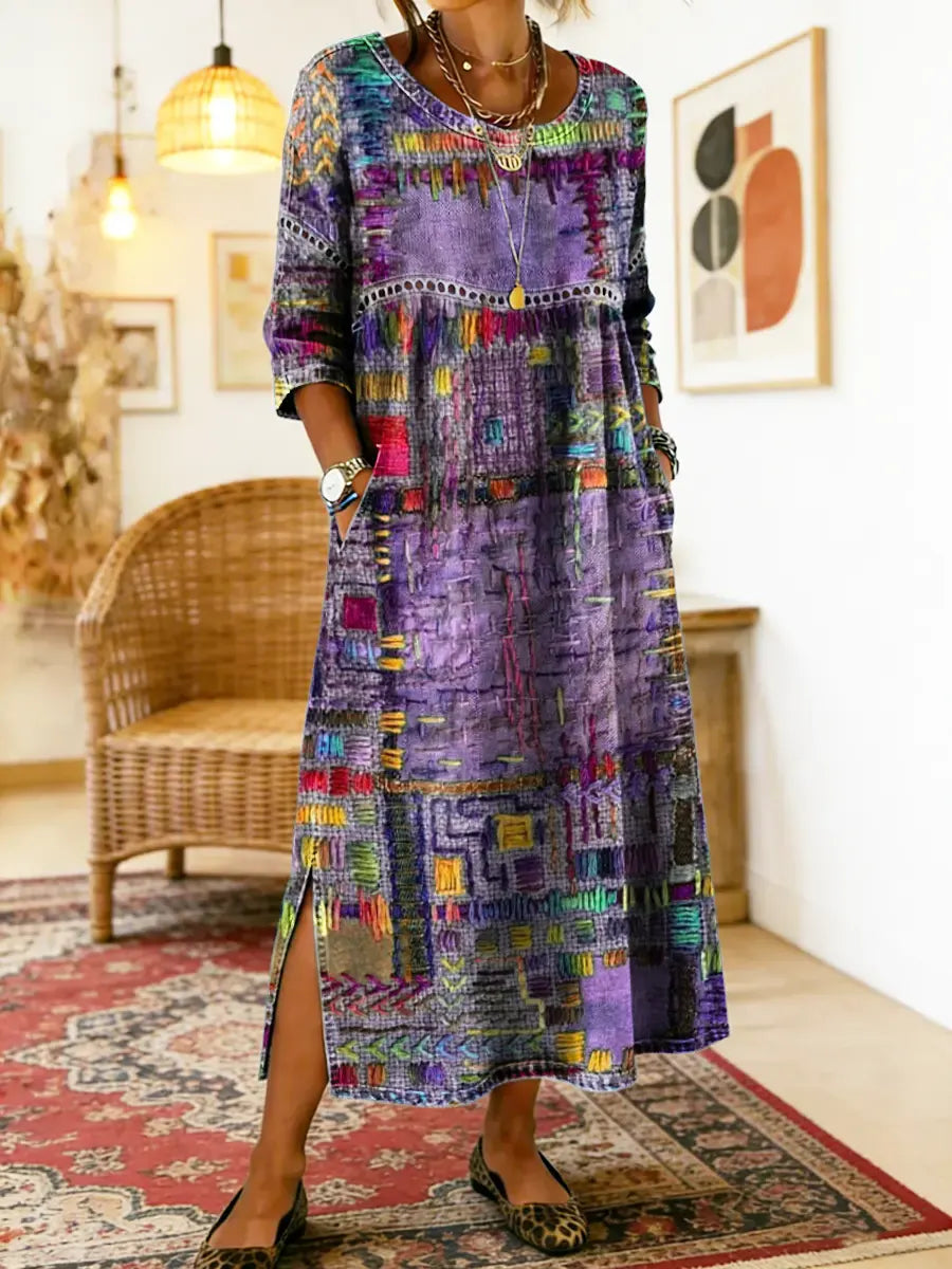 Emmanuelle | Robe en jean avec patchwork ethnique