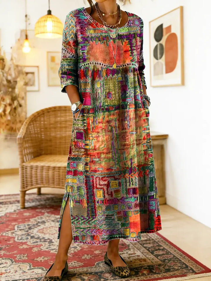 Emmanuelle | Robe en jean avec patchwork ethnique