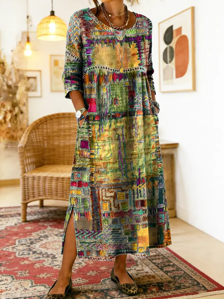 Emmanuelle | Robe en jean avec patchwork ethnique
