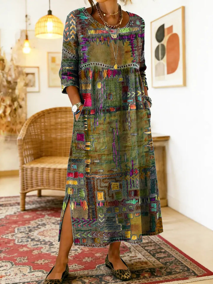 Emmanuelle | Robe en jean avec patchwork ethnique