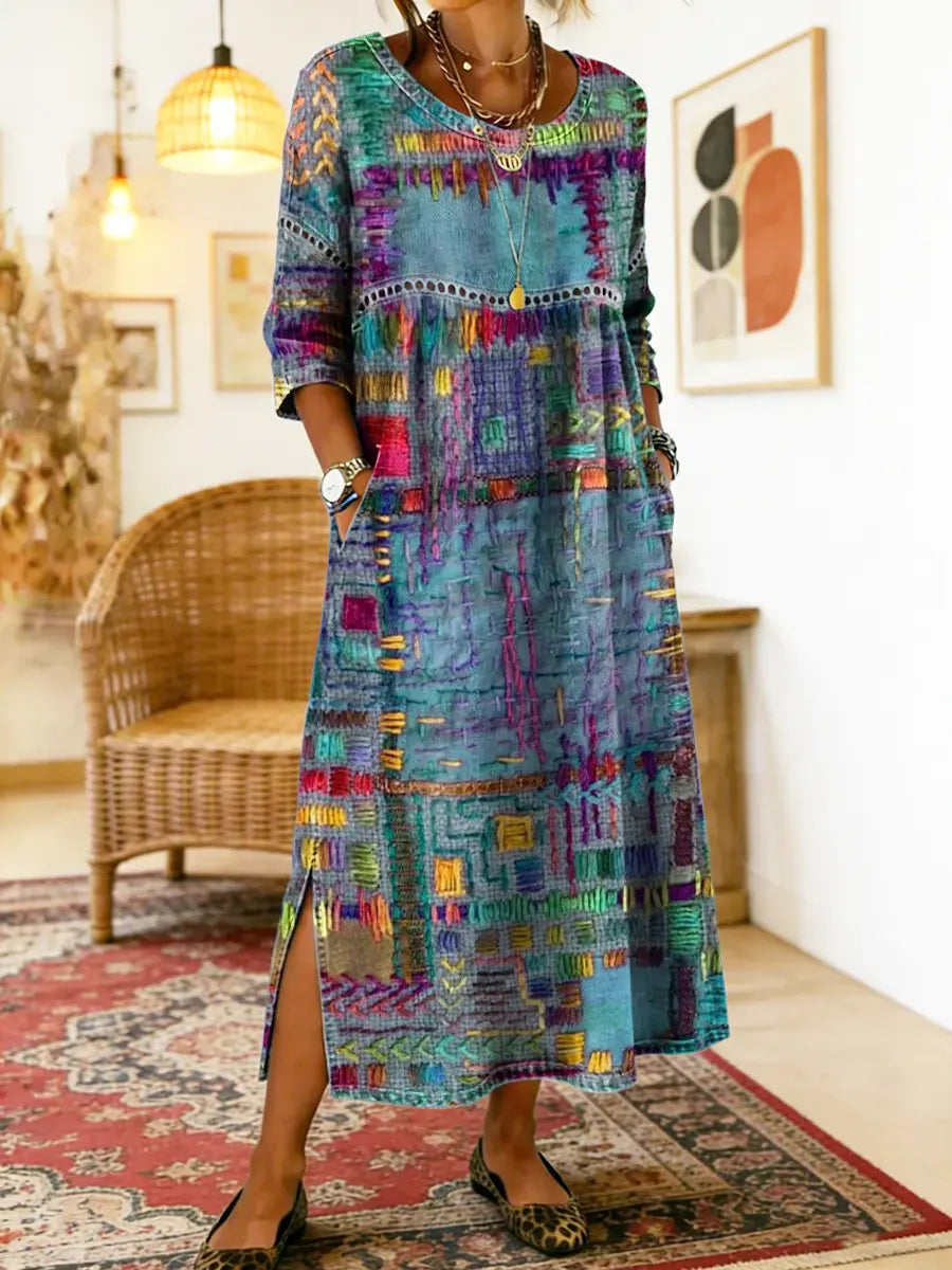 Emmanuelle | Robe en jean avec patchwork ethnique