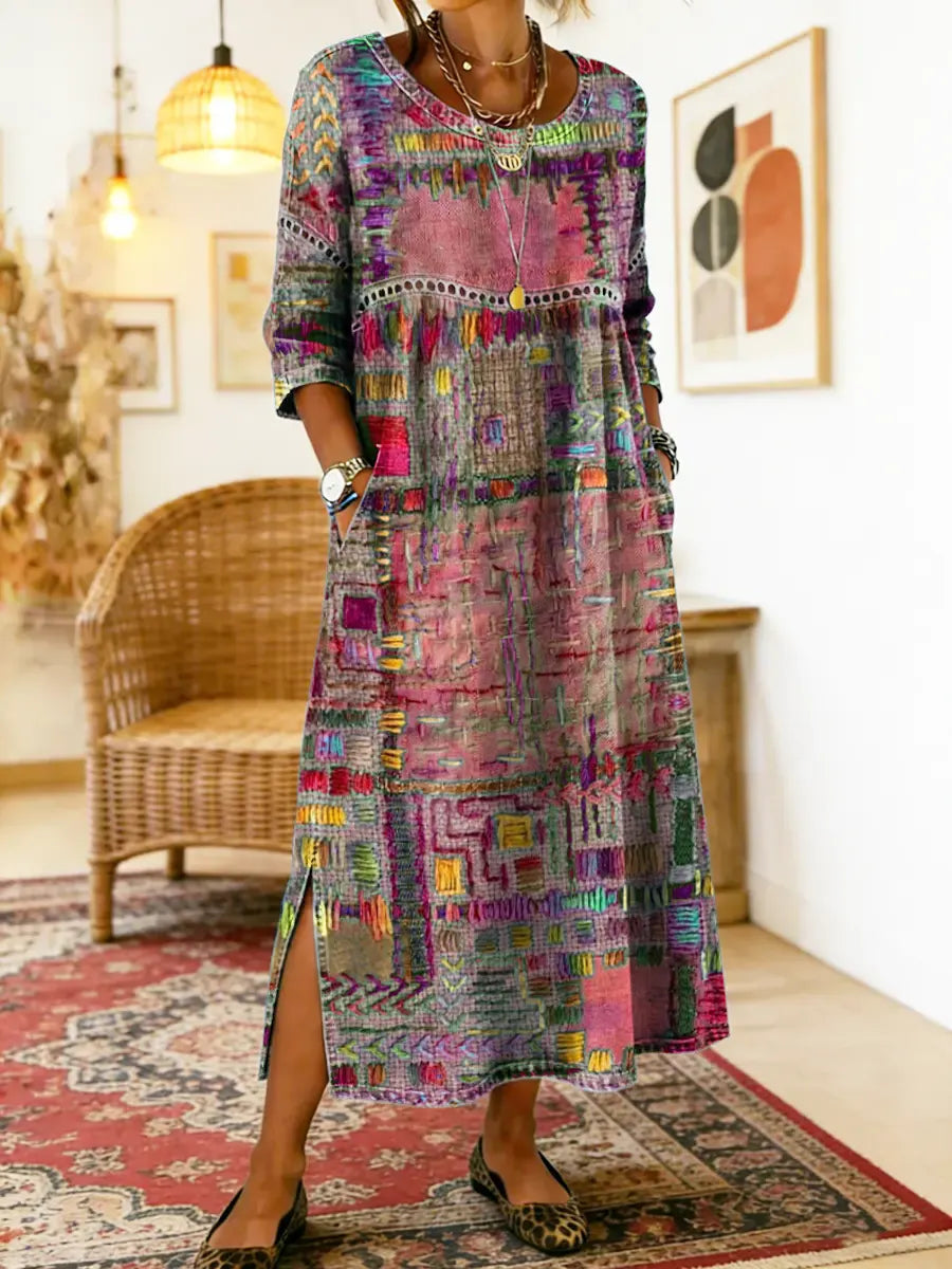 Emmanuelle | Robe en jean avec patchwork ethnique