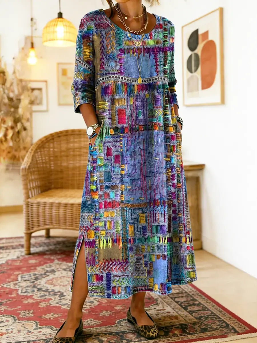 Emmanuelle | Robe en jean avec patchwork ethnique